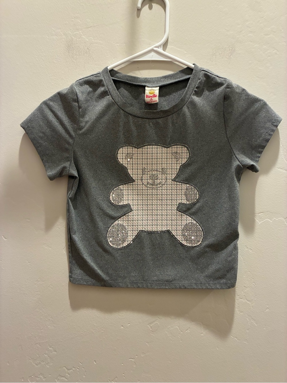 Girls Gray Teddy Applique Tee with rhinestones and bling size 7/8